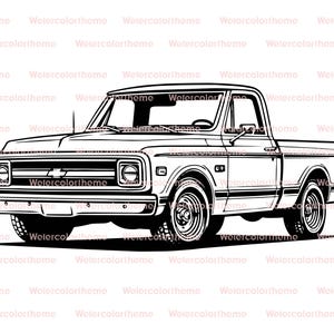 Peut inclure: Illustration en noir et blanc d'un pick-up Chevrolet classique. Le dessin met en valeur la calandre, les phares et l'emblème Chevrolet. Un style vintage, parfait pour les passionnés d'automobiles.
