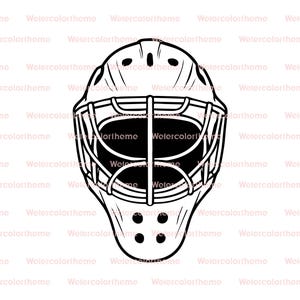 Puede incluir: Ilustración en blanco y negro de una máscara de portero de hockey. La máscara presenta un diseño en forma de jaula sobre la cara, con una parte superior y una barbilla redondeadas. La máscara tiene varios pequeños orificios de ventilación.