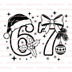 Puede incluir: Gráfico navideño en blanco y negro con los números 67, un gorro de Papá Noel, un lazo, acebo, estrellas y una bola de Navidad. Diseño festivo para manualidades y decoraciones navideñas.