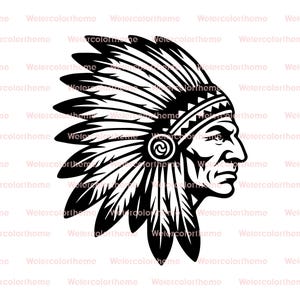 May include: Black and white illustration of a Native American chief in profile, wearing a feathered headdress. The image features detailed linework, showcasing the profile of the face and the intricate design of the headdress.