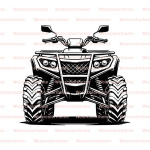 以下が含まれることがあります： 白黒のATV（四輪バギー）のイラスト。ATVは大きなタイヤ、ヘッドライト、ミラー付きハンドルバーを備えています。デザインは正面からのビューで、車両の頑丈さを強調しています。