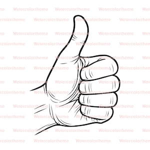 May include: A black and white line drawing of a hand giving a thumbs up. The hand is in a fist with the thumb extended upwards. The image is a simple, graphic illustration.