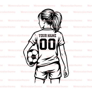 May include: Black and white illustration of a person in a soccer uniform, holding a soccer ball. The jersey has "YOUR NAME" and the number "00" on the back. The person is facing away from the viewer.