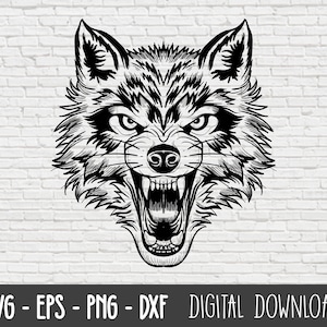 May include: Black and white illustration of a wolf's head with a snarling expression. The wolf's eyes are wide open and its teeth are bared.