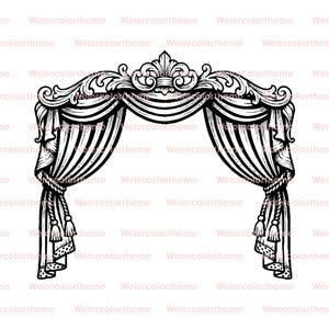 Puede incluir: Ilustración en blanco y negro de un diseño de cortina ornamentada. El diseño presenta un arco detallado con tallas decorativas y cortinas drapeadas con rayas verticales. Hay borlas colgando a los lados. La palabra "Watercolorhome" se repite.