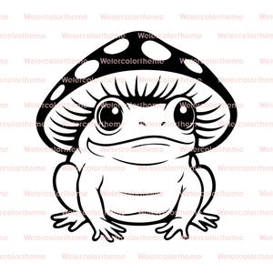 Svg champignon grenouille, grenouille sous champignon svg, svg grenouille cottagecore, svg grenouille kawaii, image clipart de grenouille