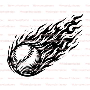 Op de afbeelding: Zwart-wit afbeelding van een honkbal omringd door vlammen. De honkbal heeft gedetailleerde stiksels en de vlammen zijn gestileerd, wat een dynamisch ontwerp cre&euml;ert. Geschikt voor sportgerelateerde artikelen.