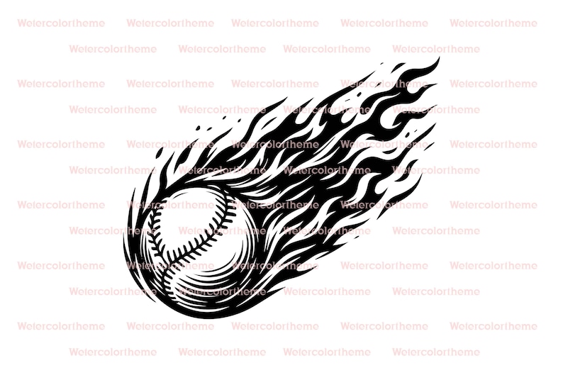 Op de afbeelding: Zwart-wit afbeelding van een honkbal omringd door vlammen. De honkbal heeft gedetailleerde stiksels en de vlammen zijn gestileerd, wat een dynamisch ontwerp cre&euml;ert. Geschikt voor sportgerelateerde artikelen.