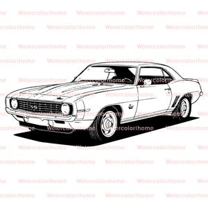 May include: Line drawing of a classic muscle car, a Chevrolet Camaro SS, in black and white. The car is viewed from the side, showcasing its iconic design, including the SS emblem on the grille.