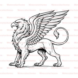 Könnte beinhalten: Schwarz-weiße Illustration eines Greifen, einer Fabelwesen mit Löwenkörper und Adlerkopf und -flügeln. Der Greif wird im Profil dargestellt und zeigt seine kraftvolle Form und komplizierten Details.