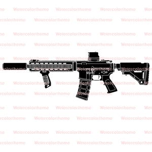 May include: A black and white illustration of a rifle, featuring a silencer, scope, and magazine. The side profile view highlights the weapon's design. The background is white.