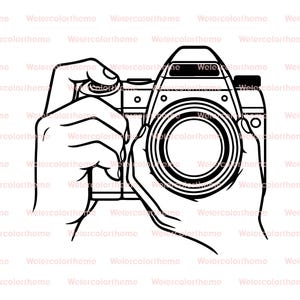 May include: Black and white line art illustration of a camera with hands holding it. The camera has a lens, viewfinder, and buttons. The image is a digital design, perfect for photography enthusiasts.