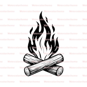 May include: Black and white illustration of a campfire. Two crossed logs support a stylized flame. The flames are tall and pointed, with a detailed, textured appearance. The design is suitable for outdoor or camping-themed products.