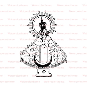 Peut inclure: Illustration en noir et blanc d'une figure religieuse, avec une couronne, un halo et des détails ornés. La figure tient un enfant, sur une base avec un croissant de lune et une étoile. Le design est détaillé, pour l'art religieux.