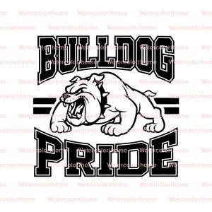 May include: Black and white graphic featuring a bulldog illustration with the text "BULLDOG" above and "PRIDE" below. The bulldog is snarling, and the design includes two horizontal black lines.