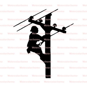 May include: Silhouette of a worker climbing a utility pole with tools in hand.