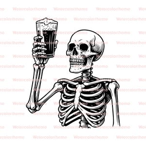 skeleton holding beer SVG,skeleton with pint glass SVG,gothic skeleton beer clipart,beer skeleton Cricut file,dark skeleton beer design SVG