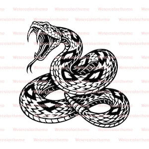 May include: A monochrome illustration of a snake with an open mouth, showing fangs and tongue. The snake's body is coiled, with detailed geometric patterns. The background is white.