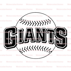 Pode incluir: Um design de beisebol em preto e branco com a palavra "GIANTS" em letras em negrito e contornadas. A palavra está centrada em uma bola de beisebol com detalhes costurados, ideal para fãs de esportes.