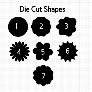 May include: A grid display titled Die Cut Shapes featuring seven black silhouettes of various geometric and floral forms, each labeled with a white number from one to seven. The shapes include a circle, scalloped edges, and flower-like designs.
