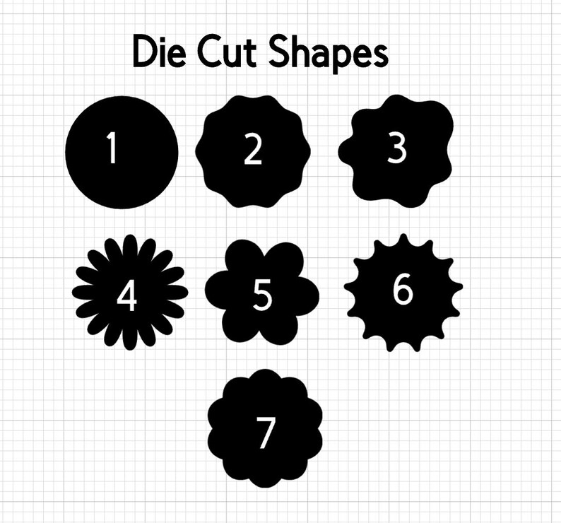 May include: A grid display titled Die Cut Shapes featuring seven black silhouettes of various geometric and floral forms, each labeled with a white number from one to seven. The shapes include a circle, scalloped edges, and flower-like designs.