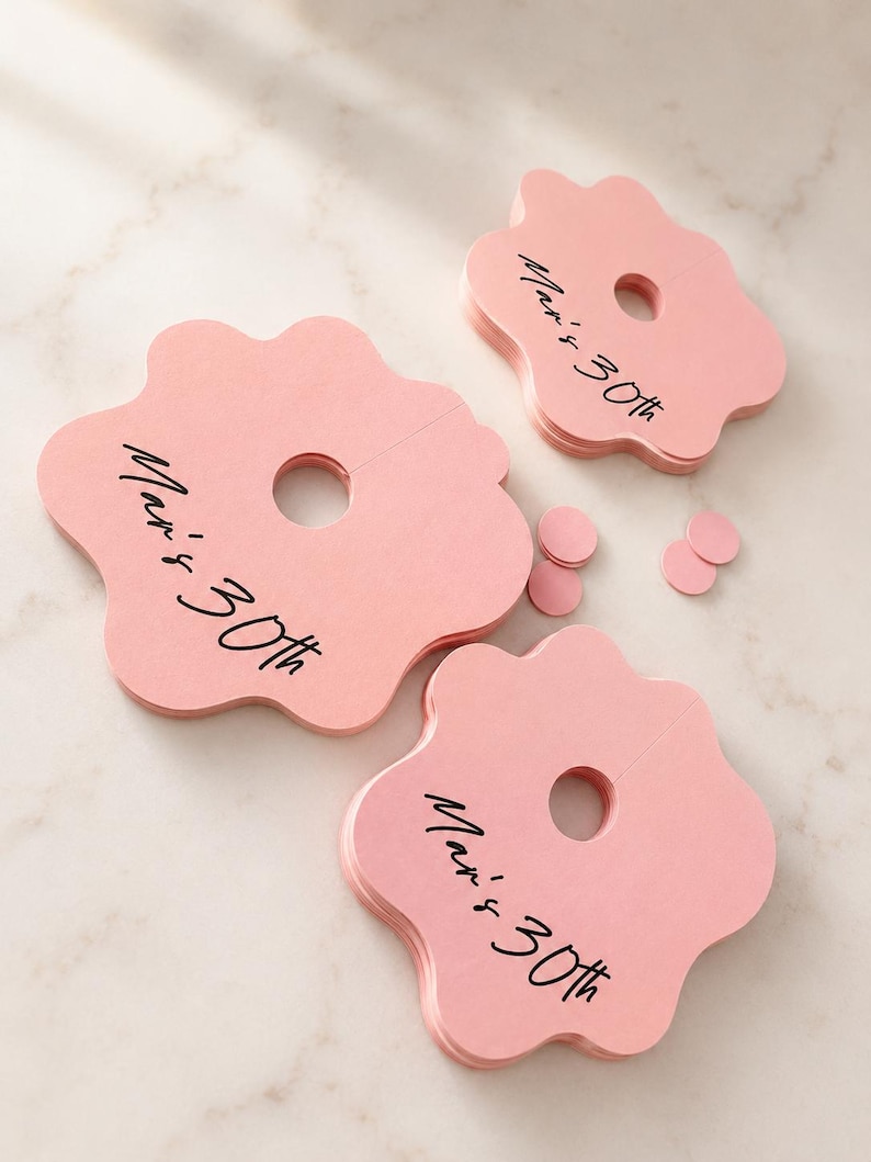 May include: Three stacks of light pink, flower-shaped paper tags with a central circular cutout and a slit. Each tag features the black printed text "Mari's 30th" in a cursive script. Small pink circular paper confetti pieces are scattered nearby.