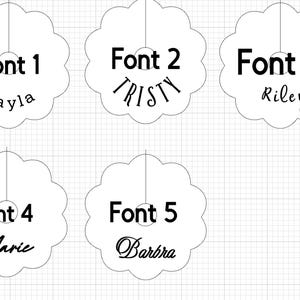 May include: Five white scalloped circular ornaments with a central hole and a vertical line. Each ornament displays a label from Font 1 to Font 5, followed by the names Kayla, TRISTY, Riley, Marie, and Barbra in distinct black typography styles.