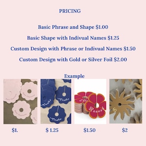 May include: A collection of custom paper tags featuring various shapes including scalloped circles and sunburst designs. The tags are displayed in light pink, dark blue, and red with gold foil accents, showcasing personalized names and phrases.