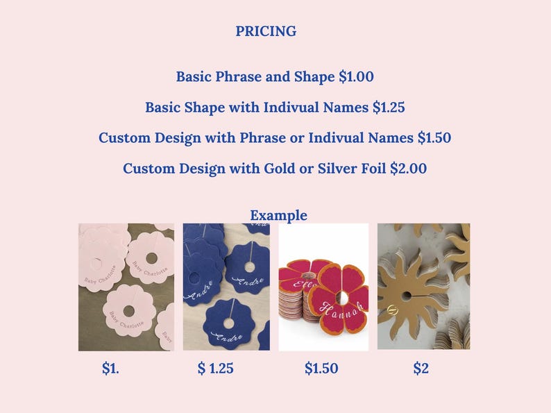 May include: A collection of custom paper tags featuring various shapes including scalloped circles and sunburst designs. The tags are displayed in light pink, dark blue, and red with gold foil accents, showcasing personalized names and phrases.