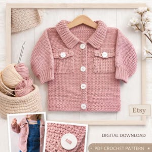 May include: A pink crochet shacket/cardigan for girls, displayed on a wooden hanger. The garment has a collared neckline, button closures, and two front pockets. The image includes text that reads "CROCHET PATTERN" and "GIRLS SHACKET/CARDIGAN".