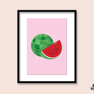 Watermelon Disco Ball Art Print | A5 A4 A3 | 70s Y2K Fruit Poster | Retro Illustration | Funky Decor | Groovy Music | Trendy Wall | Party