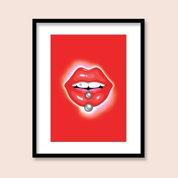 Pierced Art Print | A5 A4 A3 | Punk Lip Piercing Poster | 80s 90s Tooth Gems Illustration | Y2K Barbell Room Decor | Red Rhinestone Gradient