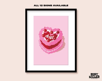 Personalized Zodiac Cake Art Print: Retro Y2K Astrology Decor (A5 A4 A3)