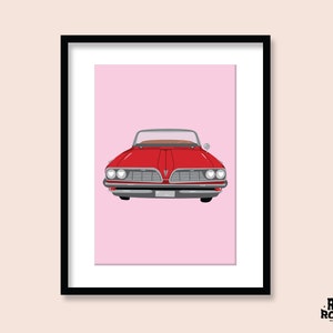 Vintage Car Art Print / A5 A4 A3 / 60s 70s Convertible / Classic Vintage / Póster de vehículo de motor / Retro Y2K / Rojo y Plata / Luces del corazón