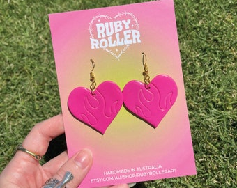 Heart with Flames Polymer Clay Earrings | Handmade | Pink | Love | Y2K 90s Dangle | 60s 70s | Retro Funky | Gold Jewellery | Trendy Gifts