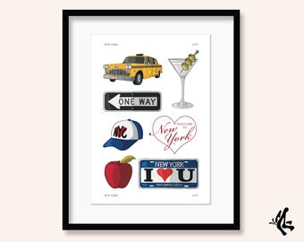 New York City Collage Art Print: Taxi, Martini, Apple Illustration (A5 A4 A3)