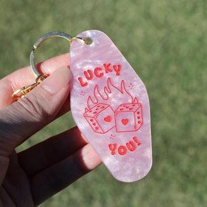 Lucky You Flaming Heart Dice Motel Keychain | Pink Acrylic | Engraved | 70s Aesthetic Car | Laser Cut | Gifts for Her | Iridescent | Marble