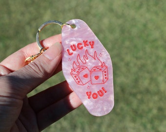 Lucky You Flaming Heart Dice Motel Keychain | Pink Acrylic | Engraved | 70s Aesthetic Car | Laser Cut | Gifts for Her | Iridescent | Marble