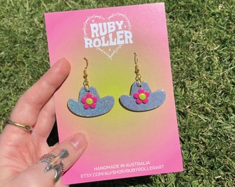 Cowboy Hat Polymer Clay Earrings | Handmade | Glitter Disco | Flower | Y2K Dangle | 60s 70s | Retro Funky | Gold Jewellery | Trendy Gifts