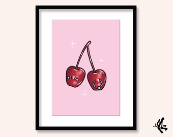 Pastel Pierced Cherry Pair Art Print | A3, A4 and A5 Illustration Wall Art