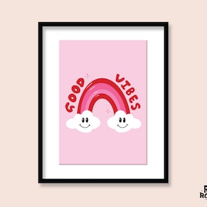 Good Vibes Inspirational Art Print / A5 A4 A3 / Y2K 90s Smiley Rainbow Cloud / Póster feminista / Girl Power Quote / Funky / Trendy Decor