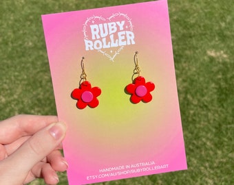 Groovy Flower Polymer Clay Earrings | Handmade | 60s Colourful | Floral | Y2K Dangle | 90s 70s | Retro Funky | Gold Jewellery | Trendy Gifts