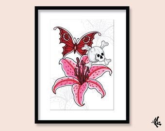 Stargazer Lily Skull Butterfly Art Print: Tattoo Flash Pirate Decor (A5 A4 A3)