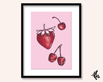 Pastel Cherry and Strawberry Pierced Art Print: Gothic Illustration (A5 A4 A3)