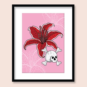 Stargazer Lily Skull Art Print: Tattoo Flash Pirate Decor (A5 A4 A3)