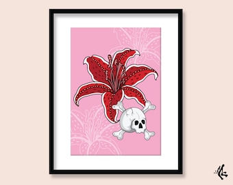 Stargazer Lily Skull Art Print: Tattoo Flash Pirate Decor (A5 A4 A3)