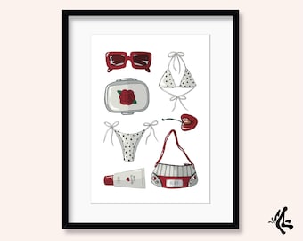 Beach Essentials Art Print: Polka Dot Bikini, Sunglasses Illustration (A5 A4 A3)