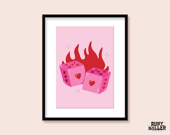 Flaming Heart Dice Art Print: Y2K Tattoo Flash Poster (A5 A4 A3)