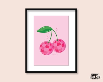 Cherry Disco Ball Art Print: 70s Retro Illustration (A5 A4 A3)