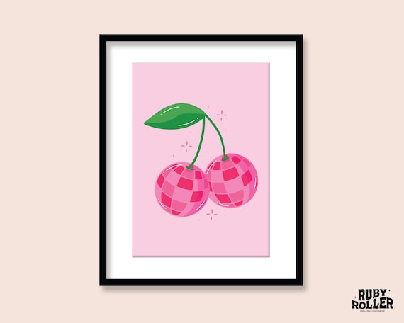 Cherry Disco Ball Art Print A5 A4 A3 70s Y2K Fruit Poster Retro